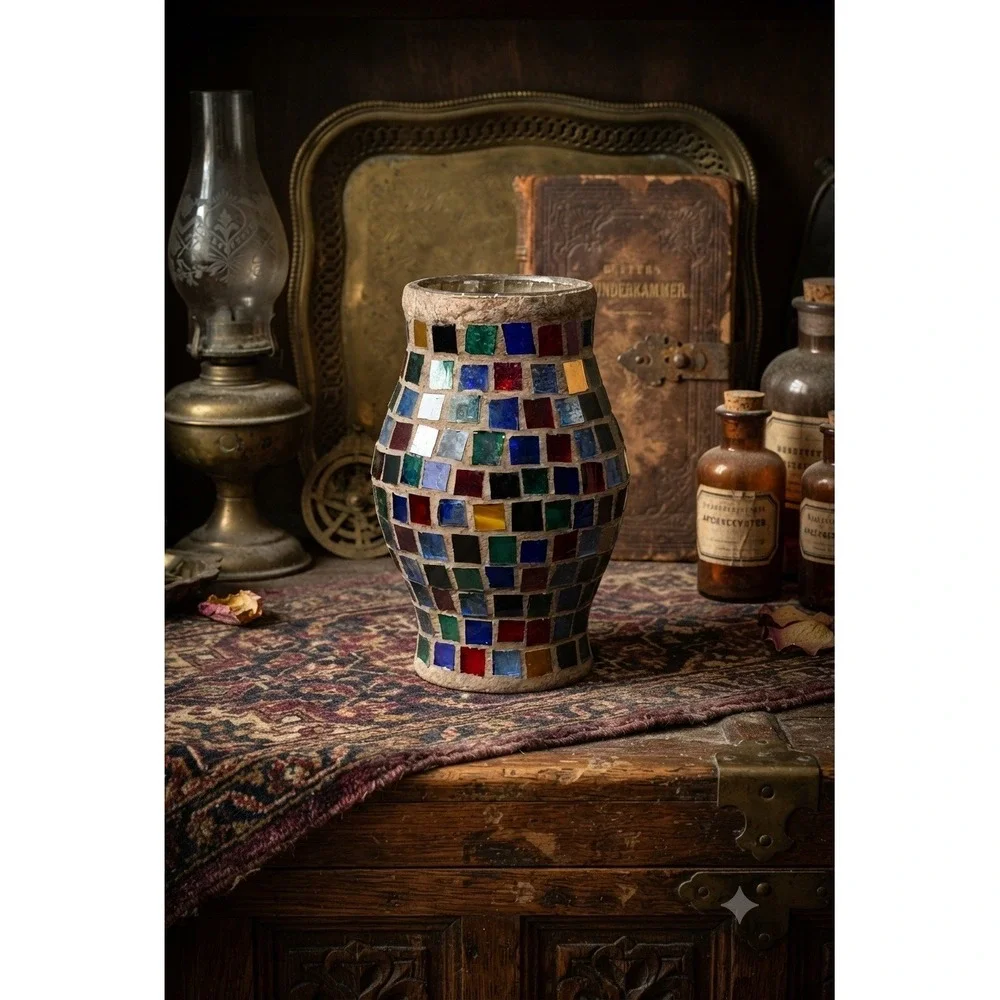 Bohemian Multicolored Glass Mosaic Vase 8.5